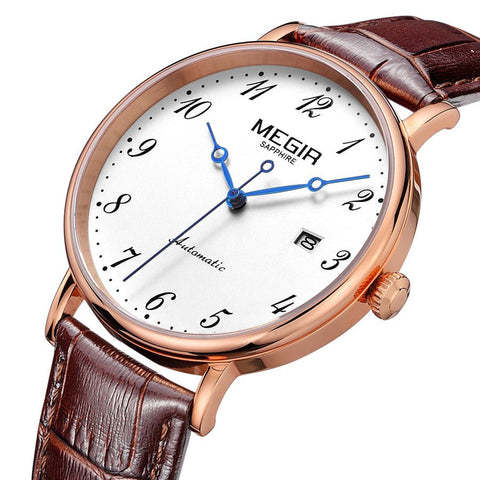 MEGIR Luxury Automatic Mechanical Watch for Men Large Dial Sapphire Leather Strap Male Wristwatch Sports Waterproof Date Clock 62012 - Freeyouthzbandz