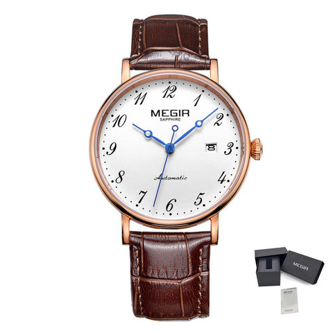 MEGIR Luxury Automatic Mechanical Watch for Men Large Dial Sapphire Leather Strap Male Wristwatch Sports Waterproof Date Clock 62012 - Freeyouthzbandz