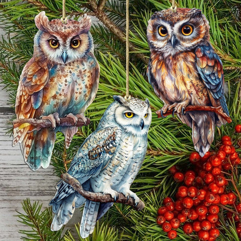 Night Owls Decorative Wooden Ornaments of 3 by G. Debrekht - Wildlife Decor - 8091004 - S3 - Freeyouthzbandz