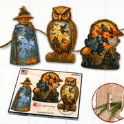 Halloween Clip - On Eco Wood Decorative Ornaments Set of 3 – Scarecrow, Owl & Witch – Handcrafted Décor by G. DeBrekht – 8091049C - S3 - Freeyouthzbandz