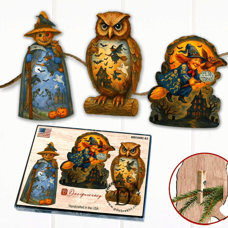 Halloween Clip - On Eco Wood Decorative Ornaments Set of 3 – Scarecrow, Owl & Witch – Handcrafted Décor by G. DeBrekht – 8091049C - S3 - Freeyouthzbandz
