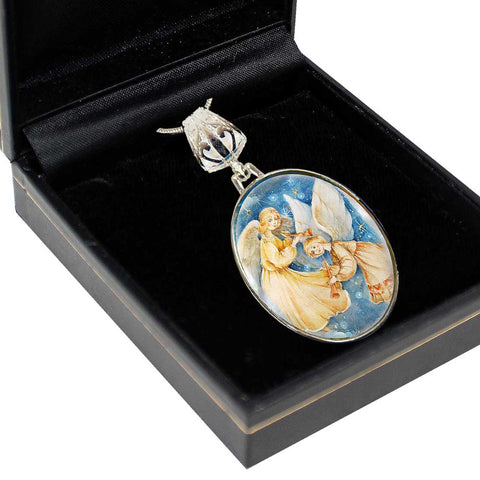 Angels Watching Over Silver Plated Mother of Pearl Jewelry Necklace - 43046 - Freeyouthzbandz