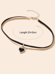 Black Heart Pendant Leather Cord Short Necklace Stylish Choker - Freeyouthzbandz