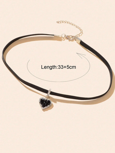 Black Heart Pendant Leather Cord Short Necklace Stylish Choker - Freeyouthzbandz
