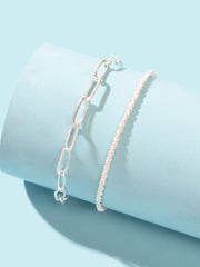 2 pcs Layered Initial Silver Link Chain Bracelets Women Girls Hand Accessories - Freeyouthzbandz