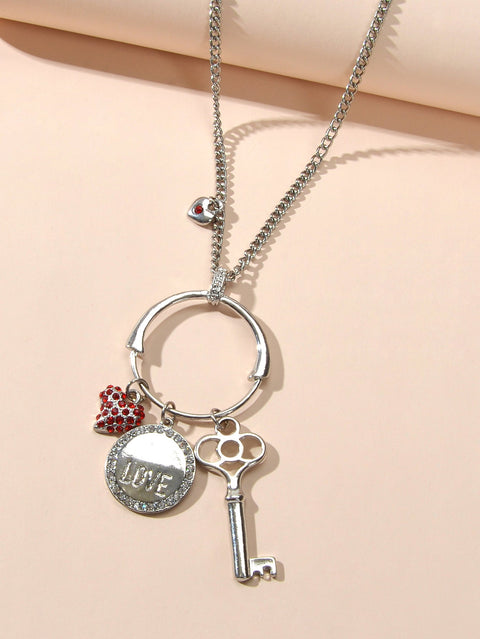 Gift Jewellery Women Girls Long Silver Chain Love Round Heart Key Charm Necklace - Freeyouthzbandz