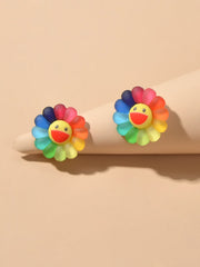 Cute Colourful Flower Acrylic Smile Face Stud Earrings Girlfriend Lover Y2k Gift - Freeyouthzbandz