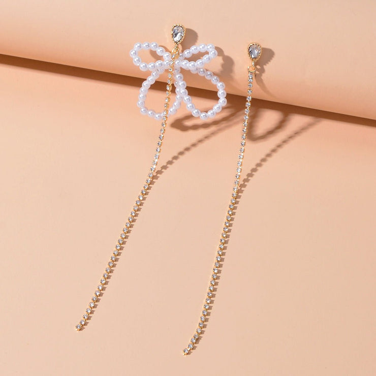 Sweet Pearl Beads Flower Rhinestone Long Gold Chain Asymmetric Pendant Earrings - Freeyouthzbandz