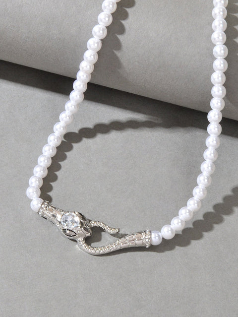 Punk Retro Pearl Beads Chain Gold Silver Snake Short Clavicle Statement Necklace - Freeyouthzbandz