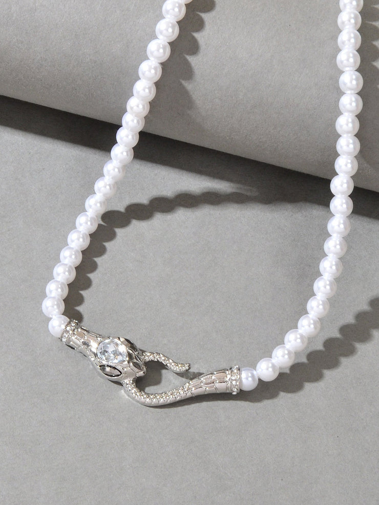 Punk Retro Pearl Beads Chain Gold Silver Snake Short Clavicle Statement Necklace - Freeyouthzbandz