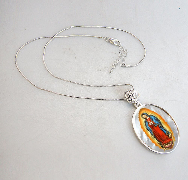Lady of Guadalupe Silver Plated Mother of Pearl Necklace Jewelry - 43032 - Freeyouthzbandz
