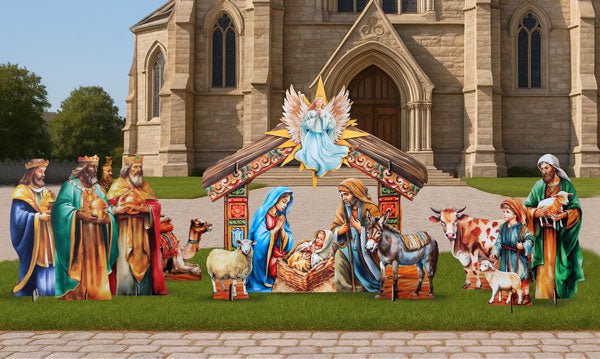 Life - Size Illustrated Holy Family Outdoor Complete NATIVITY Set – Handcrafted Christmas Yard Display by G. DeBrekht - Nativity Holiday Decor - 8621038F - S13 - XXLG - Freeyouthzbandz