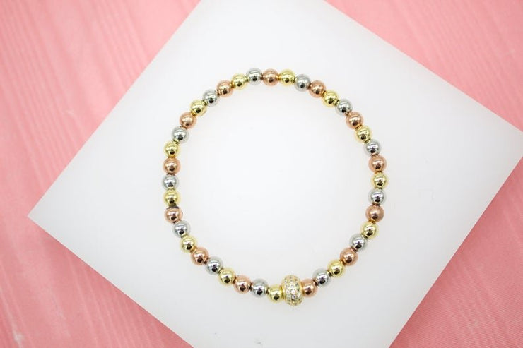 18K Gold Filled 5mm Multicolor Color Elastic Bead Bracelet With A Round CZ Charm - Freeyouthzbandz