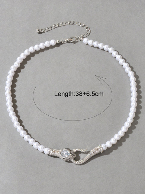 Punk Retro Pearl Beads Chain Gold Silver Snake Short Clavicle Statement Necklace - Freeyouthzbandz