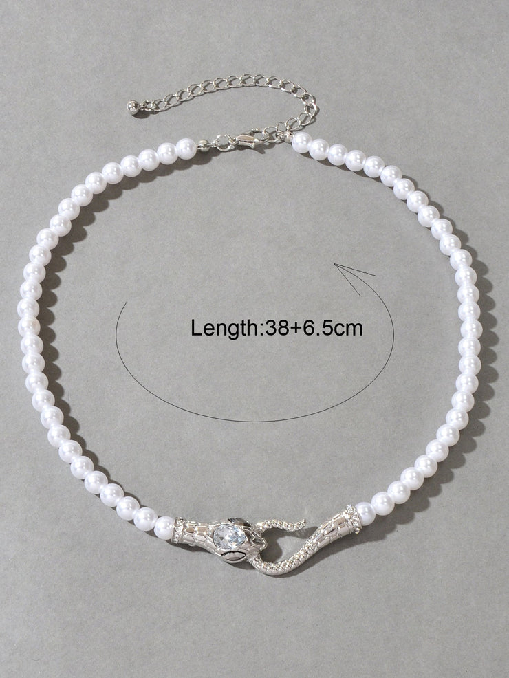 Punk Retro Pearl Beads Chain Gold Silver Snake Short Clavicle Statement Necklace - Freeyouthzbandz