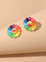 Cute Colourful Flower Acrylic Smile Face Stud Earrings Girlfriend Lover Y2k Gift - Freeyouthzbandz