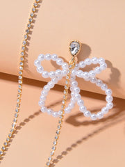 Sweet Pearl Beads Flower Rhinestone Long Gold Chain Asymmetric Pendant Earrings - Freeyouthzbandz