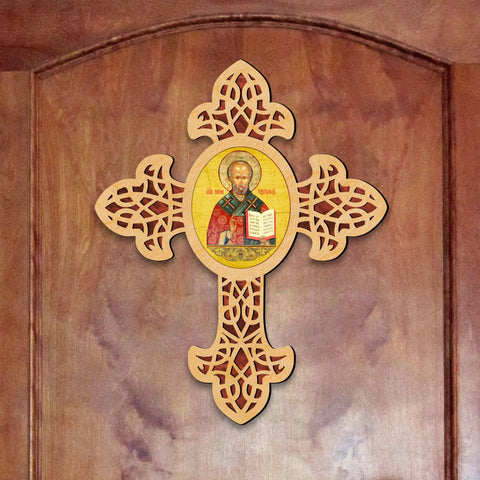 Saint Nicholas Pointy Wooden Cross by Museum Icons - Inspirational Icon Decor - 88321 - Freeyouthzbandz