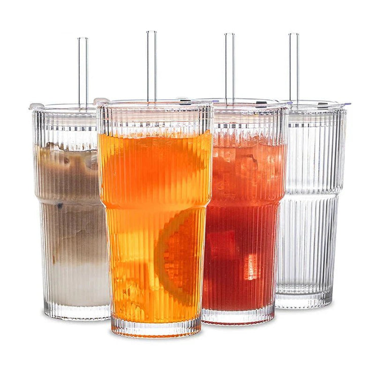 Stripe Glass Coffee Cup with Lid and Straw - Freeyouthzbandz