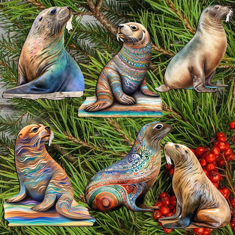 Magic Sea Lions Clip - On Eco Wood Decorative Ornaments Set of 6 by G. Debrekht - Wildlife Decor - 8090112C - S6 - Freeyouthzbandz