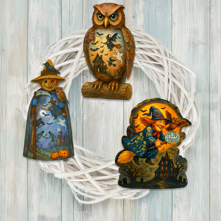 Halloween Clip - On Eco Wood Decorative Ornaments Set of 3 – Scarecrow, Owl & Witch – Handcrafted Décor by G. DeBrekht – 8091049C - S3 - Freeyouthzbandz