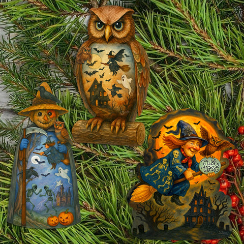 Halloween Clip - On Eco Wood Decorative Ornaments Set of 3 – Scarecrow, Owl & Witch – Handcrafted Décor by G. DeBrekht – 8091049C - S3 - Freeyouthzbandz