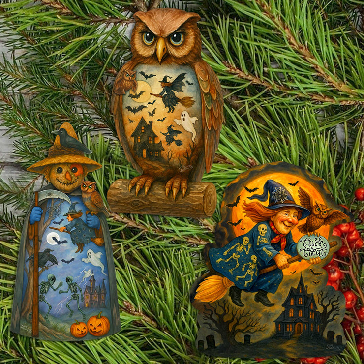 Halloween Clip - On Eco Wood Decorative Ornaments Set of 3 – Scarecrow, Owl & Witch – Handcrafted Décor by G. DeBrekht – 8091049C - S3 - Freeyouthzbandz