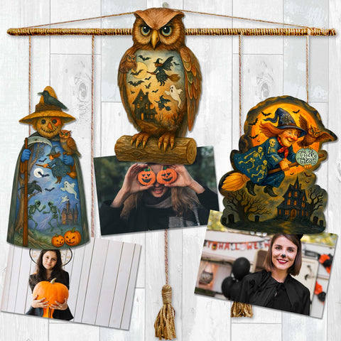 Halloween Clip - On Eco Wood Decorative Ornaments Set of 3 – Scarecrow, Owl & Witch – Handcrafted Décor by G. DeBrekht – 8091049C - S3 - Freeyouthzbandz
