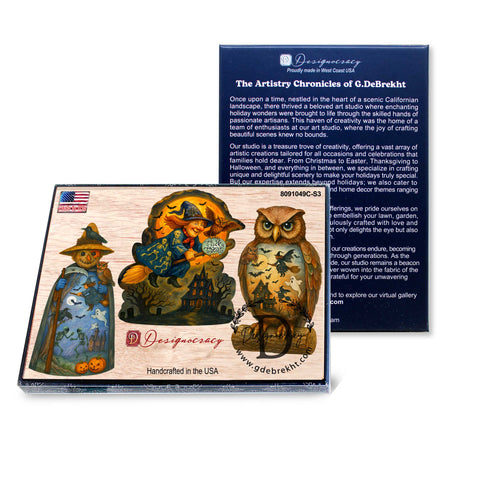Halloween Clip - On Eco Wood Decorative Ornaments Set of 3 – Scarecrow, Owl & Witch – Handcrafted Décor by G. DeBrekht – 8091049C - S3 - Freeyouthzbandz