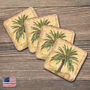 Palm Tree Coastal Wooden Cork Coasters Gift Set of 4 by Nature Wonders - Coastal Sea - Life Decor - 8198630C - S4 - Freeyouthzbandz