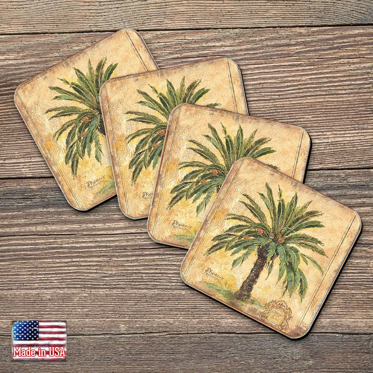 Palm Tree Coastal Wooden Cork Coasters Gift Set of 4 by Nature Wonders - Coastal Sea - Life Decor - 8198630C - S4 - Freeyouthzbandz