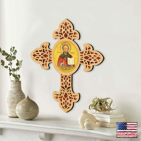 Saint Nicholas Pointy Wooden Cross by Museum Icons - Inspirational Icon Decor - 88321 - Freeyouthzbandz