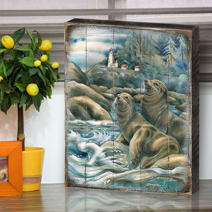 Lions of the Sea Lighthouse Caves Wooden Wall Art by J. Bergsma - Nature Wildlife Decor - 8592883BP - JB - Freeyouthzbandz