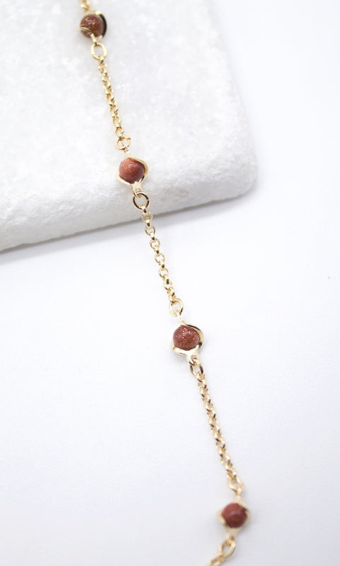 18K Gold Filled 5mm Designed Brown aventurine Bead Necklace (F221) - Freeyouthzbandz