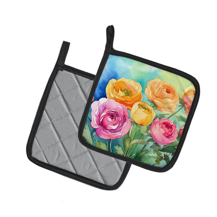 Ranunculus in Watercolor Pair of Pot Holders - Freeyouthzbandz