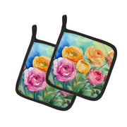 Ranunculus in Watercolor Pair of Pot Holders - Freeyouthzbandz