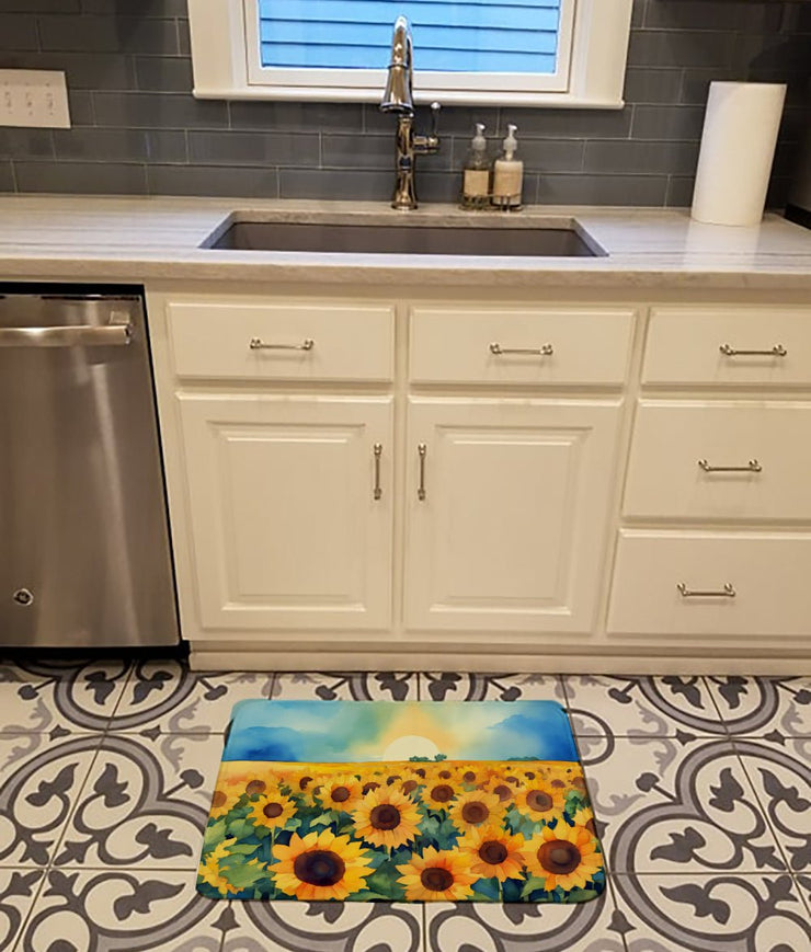 Kansas Sunflowers in Watercolor Memory Foam Kitchen Mat - Freeyouthzbandz