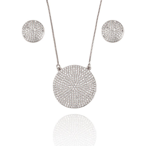 Pave Disc Circle Pendant Necklace & Stud Earrings Set (G214) - Freeyouthzbandz