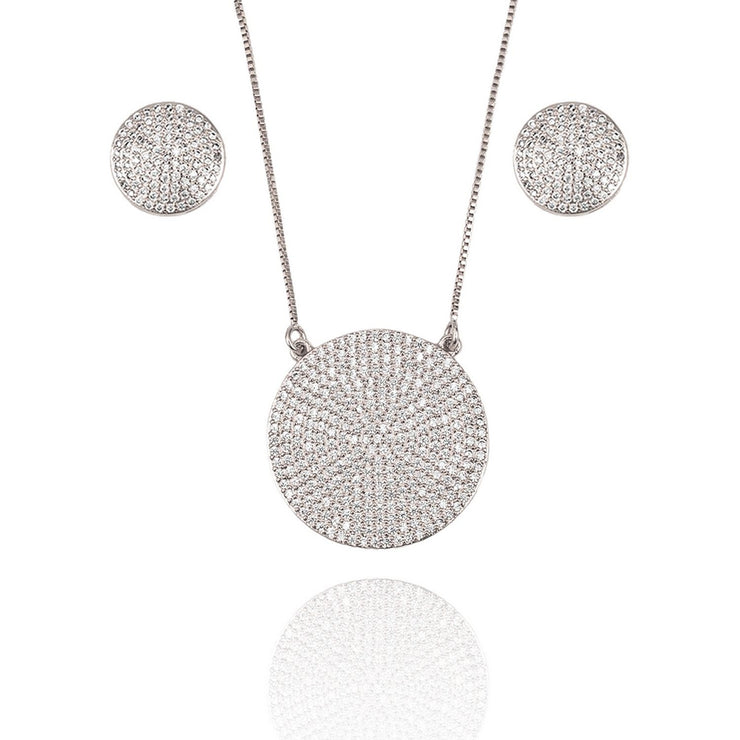 Pave Disc Circle Pendant Necklace & Stud Earrings Set (G214) - Freeyouthzbandz