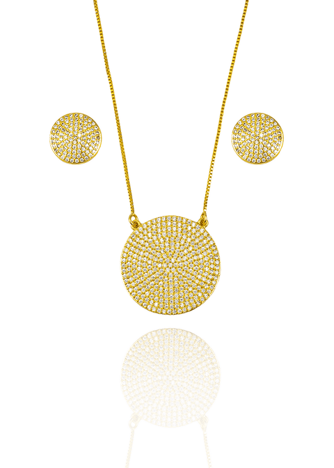 Pave Disc Circle Pendant Necklace & Stud Earrings Set (G214) - Freeyouthzbandz