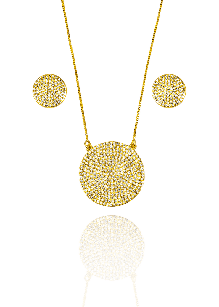 Pave Disc Circle Pendant Necklace & Stud Earrings Set (G214) - Freeyouthzbandz