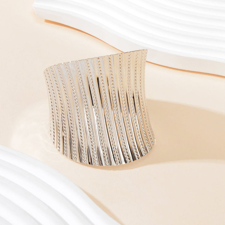 Party Dance Accessories Exaggerated Silver Ripple Wide Geometric Cuffs Bangle for Women - Freeyouthzbandz