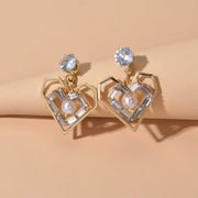 Textured Faux Pearl Cubic Zirconia Decor Heart Dangle Love Earrings for Wedding - Freeyouthzbandz