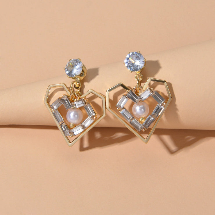 Textured Faux Pearl Cubic Zirconia Decor Heart Dangle Love Earrings for Wedding - Freeyouthzbandz