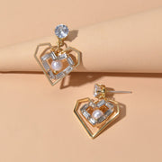 Textured Faux Pearl Cubic Zirconia Decor Heart Dangle Love Earrings for Wedding - Freeyouthzbandz