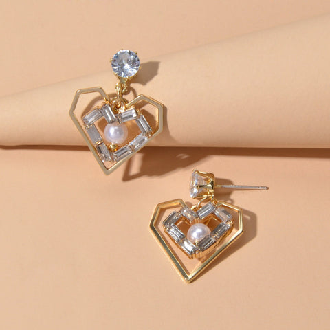 Textured Faux Pearl Cubic Zirconia Decor Heart Dangle Love Earrings for Wedding - Freeyouthzbandz