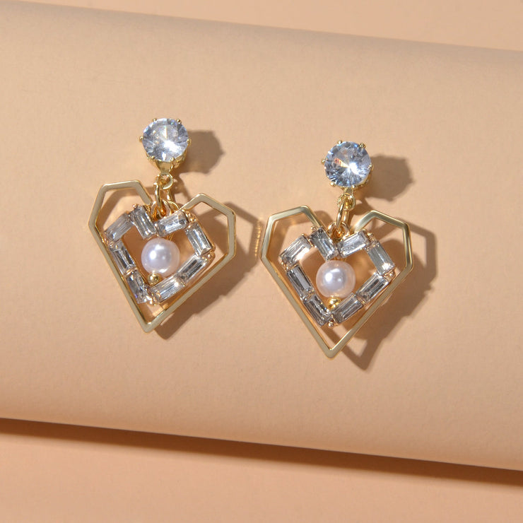 Textured Faux Pearl Cubic Zirconia Decor Heart Dangle Love Earrings for Wedding - Freeyouthzbandz