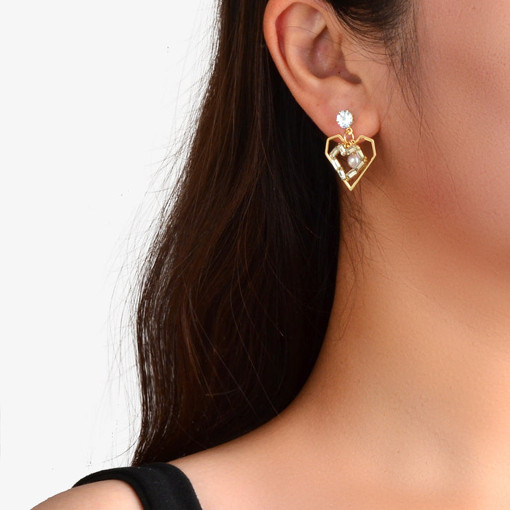 Textured Faux Pearl Cubic Zirconia Decor Heart Dangle Love Earrings for Wedding - Freeyouthzbandz