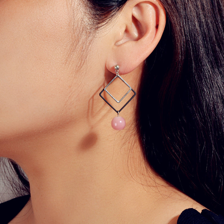 Asymmetric Jewellery Silver Black Square White Pink Beads Dangle Earrings Women - Freeyouthzbandz