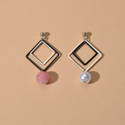 Asymmetric Jewellery Silver Black Square White Pink Beads Dangle Earrings Women - Freeyouthzbandz